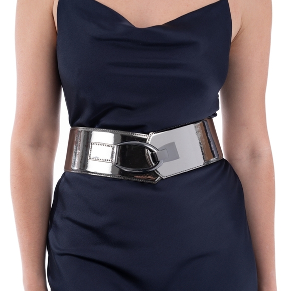 INC Women's Gunmetal Interlocking Hook Stretch Belt - Picture 1 of 4